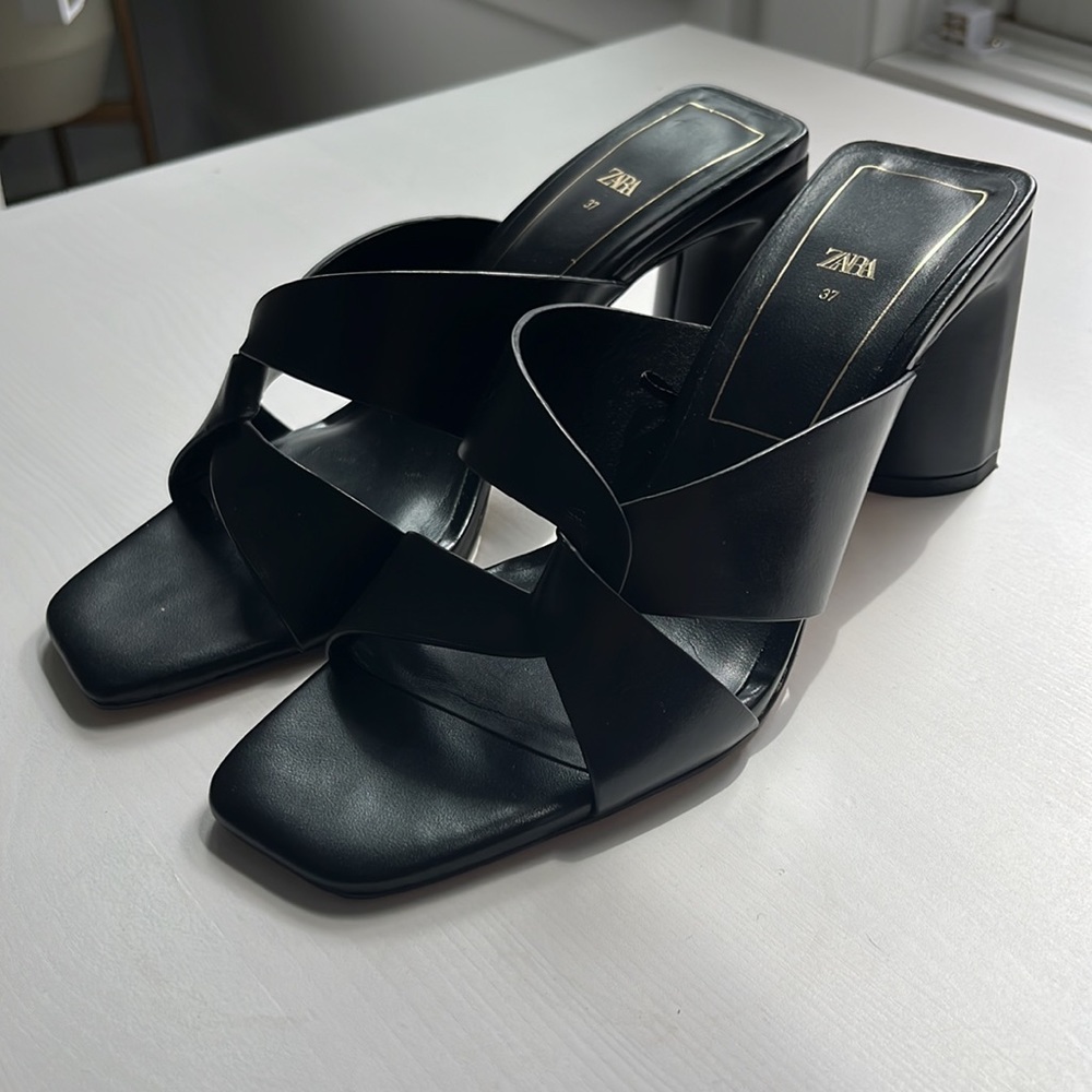 NEW Zara slides heels black leather high heel sandal mules